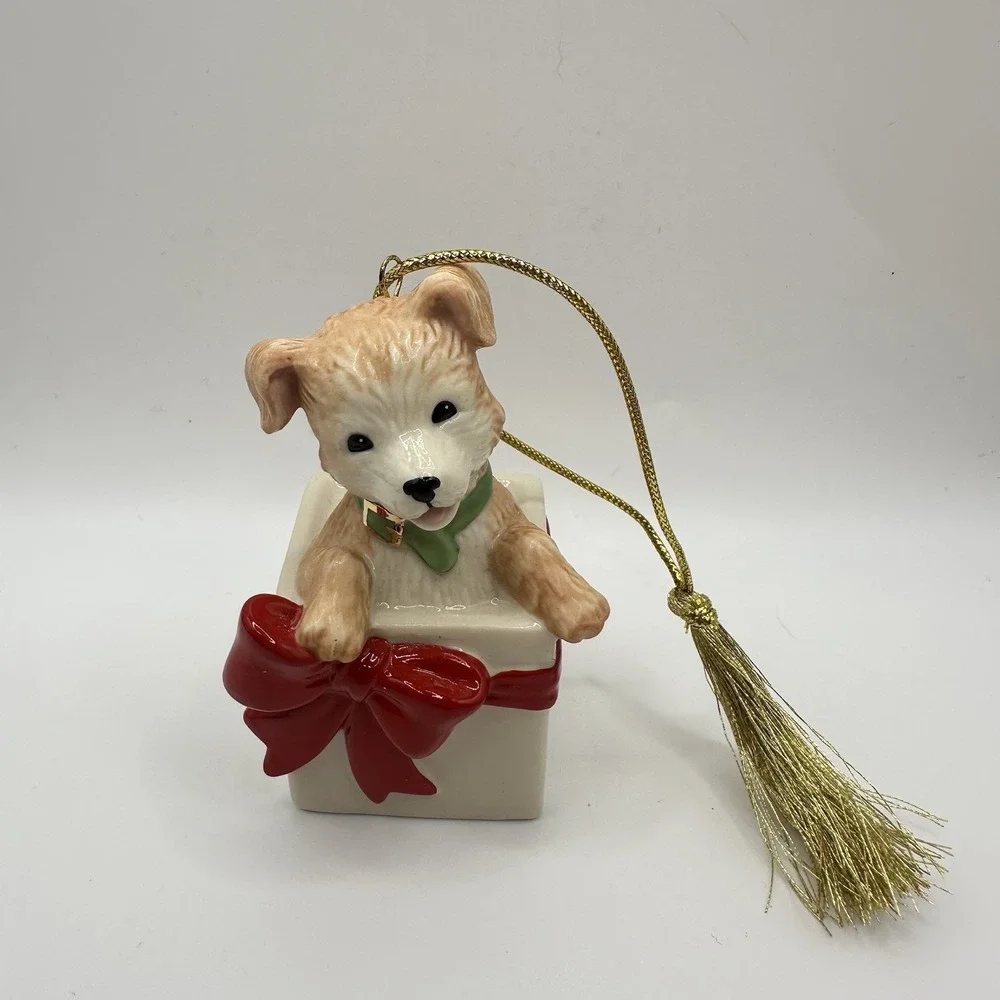 Lenox Dog in the Gift Present Box Furry‎ Friend Ornament Brown Porcelain